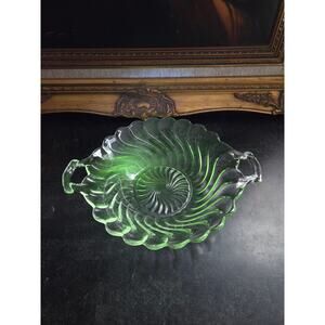 Antique EAPG UV Reactive Swirl Handled Bowl 11" Victorian Spiral Glass Dish